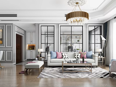 Elegant Modern Living Room Interior With Chandelier Sofa Decorative Pillows And Area Rug 3d model