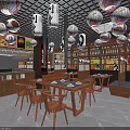 Japanese Style Restaurant Interior With Hanging Lanterns Wooden Tables And Shelves With Bottles