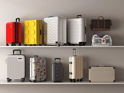 Stylish Luggage and Travel Bags with Different Colors and Designs Displayed on White Shelves 3d model