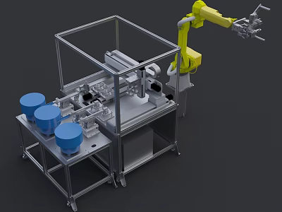 Industrial Equipment Featuring Yellow Robotic Arm Metal Frame Workstation Blue Drums And Automated Components 3d model