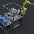 Industrial Equipment Featuring Yellow Robotic Arm Metal Frame Workstation Blue Drums And Automated Components