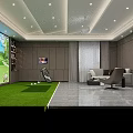 Indoor Golf Training Space With Simulator Green Turf And Comfortable Seating 3d model