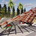 Wooden Glass Pergola With Triangular Roof Design Red Decorative Balls Palm Trees And Stone Wall
