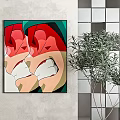 Abstract Paintings On Wall With Red Green Blue Geometric Shapes And Potted Plant