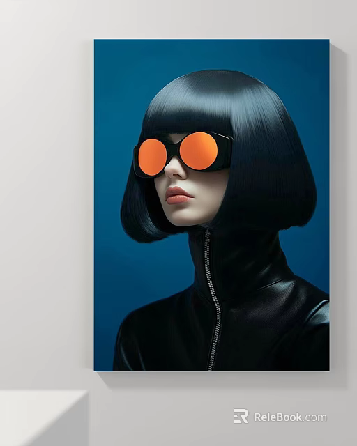 Portrait Painting of Woman With Black Bob Hair Orange Round Glasses Leather Jacket Blue Background 3d model 
