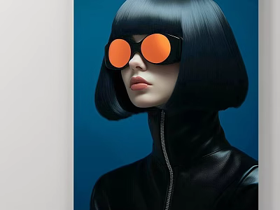 Portrait Painting of Woman With Black Bob Hair Orange Round Glasses Leather Jacket Blue Background 3d model