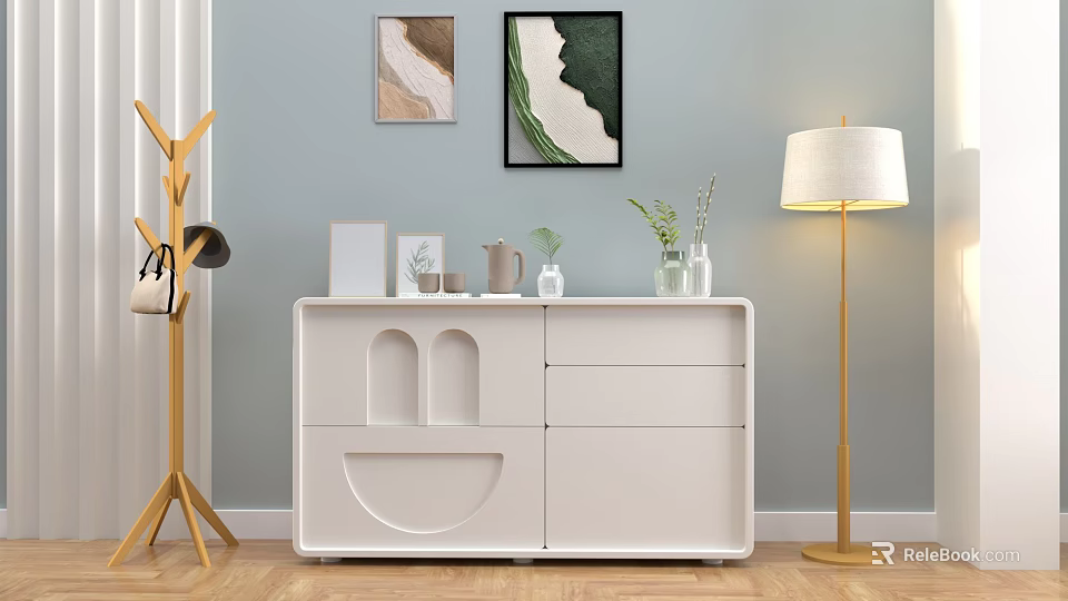White Decorative Cabinet In Modern Living Room With Wall Art Floor Lamp And Decor Items 3d model 