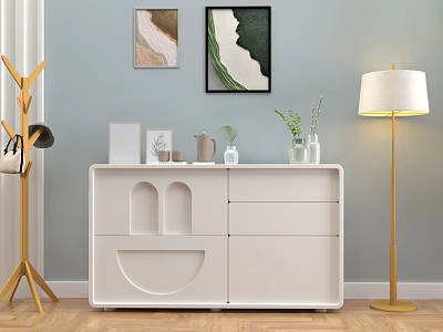 White Decorative Cabinet In Modern Living Room With Wall Art Floor Lamp And Decor Items 3d model