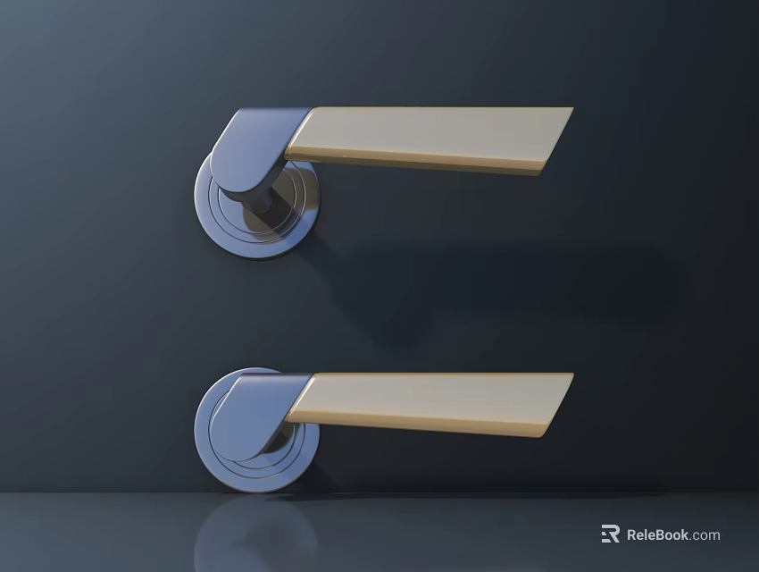 Modern Sleek Door Handles With Golden Lever And Silver Base On Dark Door 3d model 