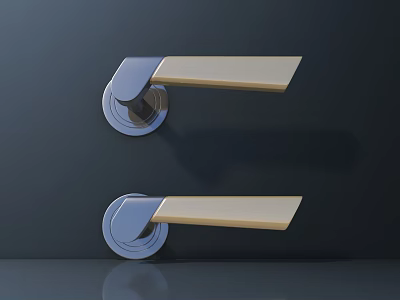 Modern Sleek Door Handles With Golden Lever And Silver Base On Dark Door 3d model