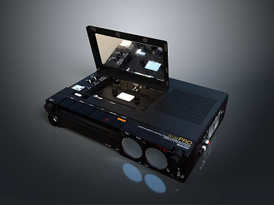 Vintage Black Portable Computer Device Featuring Open Screen Control Buttons And Speaker Grille 3d model