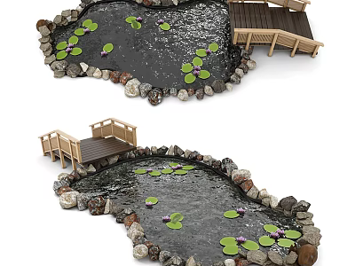 Charming Garden Ornament Featuring Pond With Water Lilies Wooden Bridge And Stone Border 3d model