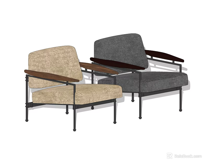 Leisure Chairs In Modern Style With Beige And Gray Fabric Upholstery Wooden Armrests Metal Frames 3d model 