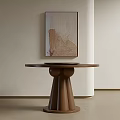 Modern Round Wooden Dining Table with Unique Base and Beige Wall Art 3d model