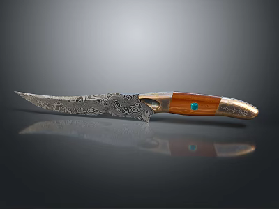 Handcrafted Knife With Patterned Blade Wooden Handle And Blue Gemstone Decoration 3d model
