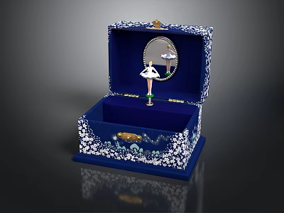 Blue Jewelry Box Interior With White Floral Patterns Ballet Dancer Figurine Mirror And Velvet Lining 3d model