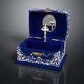 Blue Jewelry Box Interior With White Floral Patterns Ballet Dancer Figurine Mirror And Velvet Lining