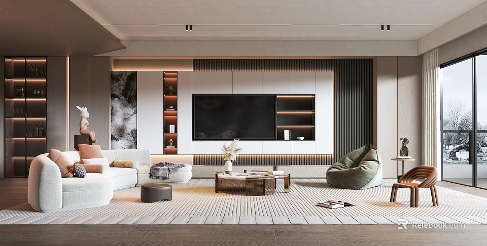 Modern Living Room Interior With TV Wall Sofa Striped Rug Coffee Table And Decorative Shelves 3d model 