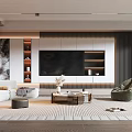 Modern Living Room Interior With TV Wall Sofa Striped Rug Coffee Table And Decorative Shelves