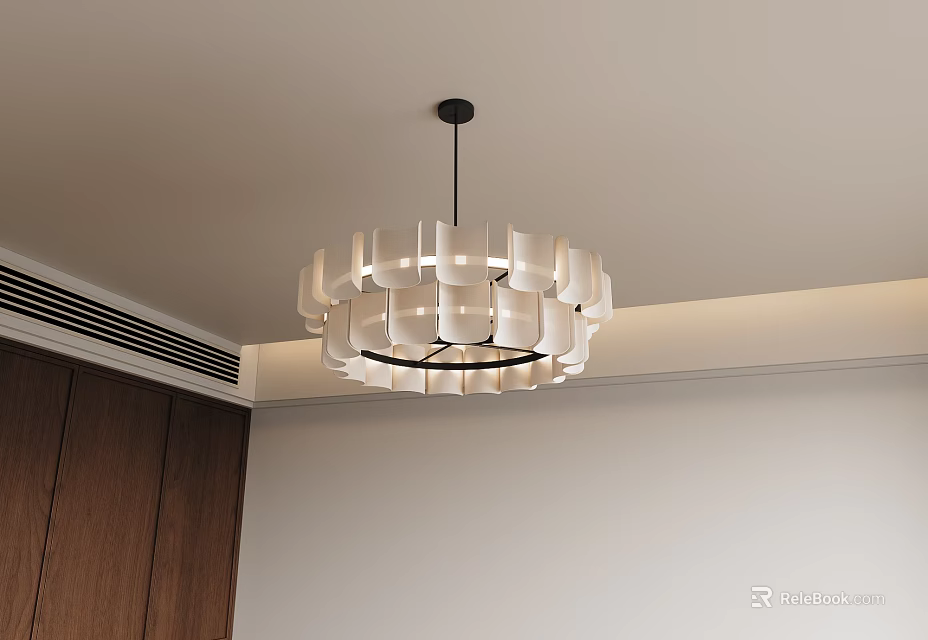 Modern White Leaf Design Circular Chandelier in Living Room Interior with Brown Wooden Cabinet 3d model 