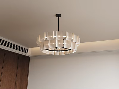 Modern White Leaf Design Circular Chandelier in Living Room Interior with Brown Wooden Cabinet 3d model