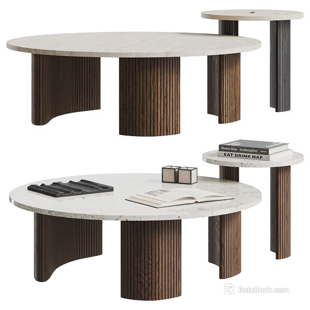 Elegant Round Coffee Table With Wooden Grooved Legs And Marble Top With Books 3d model 