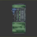 Minecraft Inspired Blocky Workbench With Green Gray Blocks And Top Items