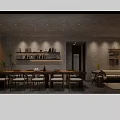 Chinese Restaurant Interior With Long Table Bookshelf Pendant Lights Wooden Furniture And Gray Walls