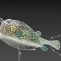 Colorful Marine Pufferfish Featuring Hexagonal Green Yellow Patterns Round Body and Big Eyes 3D Rendering