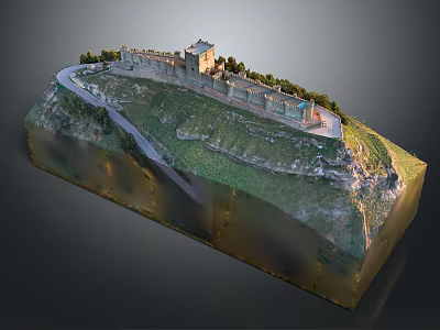 Ancient Architecture Model With City Wall Tower On Green Hill And Winding Path 3d model