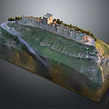 Ancient Architecture Model With City Wall Tower On Green Hill And Winding Path