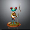 Anthropomorphic Red Eyed Frog In Yellow Red Kimono With Long Staff On Grass Base