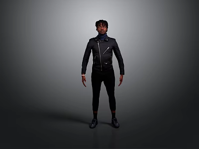 A Man Standing Against Dark Background Wearing Black Jacket Pants And Shoes 3d model