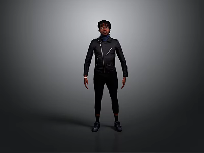 A Man Standing Against Dark Background Wearing Black Jacket Pants And Shoes 3d model