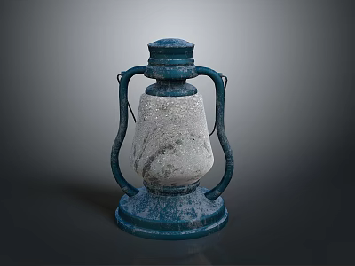 Vintage Blue And White Kerosene Lamp With Metal Frame Classic Design And Textured Glass Shade 3d model