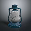 Vintage Blue And White Kerosene Lamp With Metal Frame Classic Design And Textured Glass Shade