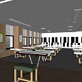 Book Art Activity Space with Spacious Interior Tables Chairs Black White Striped Wall Decor Windows
