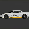 Sleek White Race Car With Yellow Green Stripes And Number 124 Rear Spoiler