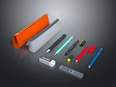 Organized Stationery Set With Colorful Pens Pencils Eraser Ruler And Pencil Cases 3d model