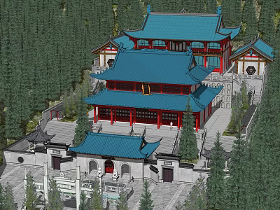 Ancient Chinese Architecture With Blue Roof Red Pillars And Courtyard Surrounded By Trees 3d model
