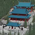 Ancient Chinese Architecture With Blue Roof Red Pillars And Courtyard Surrounded By Trees