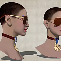 Woman Wearing Aviator Sunglasses With Neck Collar Featuring Blue Detail And Golden Feather Pendant