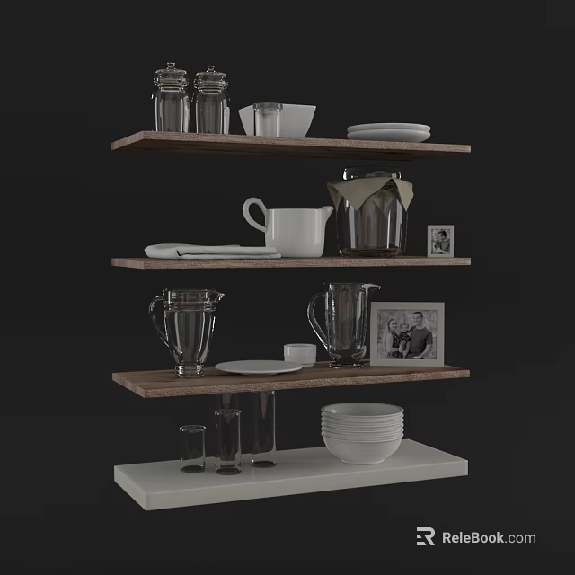 Stylish Tableware Set Displayed On Wooden Shelves With Mugs Bowls Plates Pitchers And Jars 3d model 