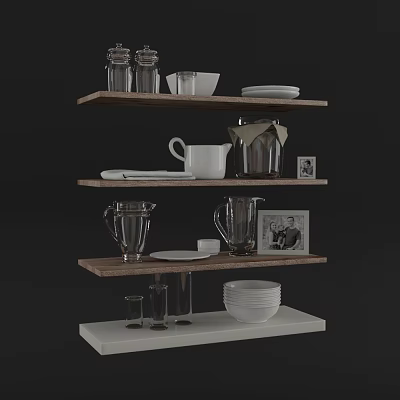 Stylish Tableware Set Displayed On Wooden Shelves With Mugs Bowls Plates Pitchers And Jars 3d model