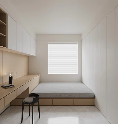 Modern Tatami Bedroom Interior With Built in Desk White Cabinets And Window Blinds 3d model