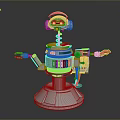 Robot Character With Yellow Arms Blue Stripes And Spring Head On Silver Base 3d model