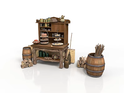 Rustic Interior With Wooden Cabinet Table Barrels Firewood Broom Food And Bottles 3d model