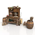 Rustic Interior With Wooden Cabinet Table Barrels Firewood Broom Food And Bottles