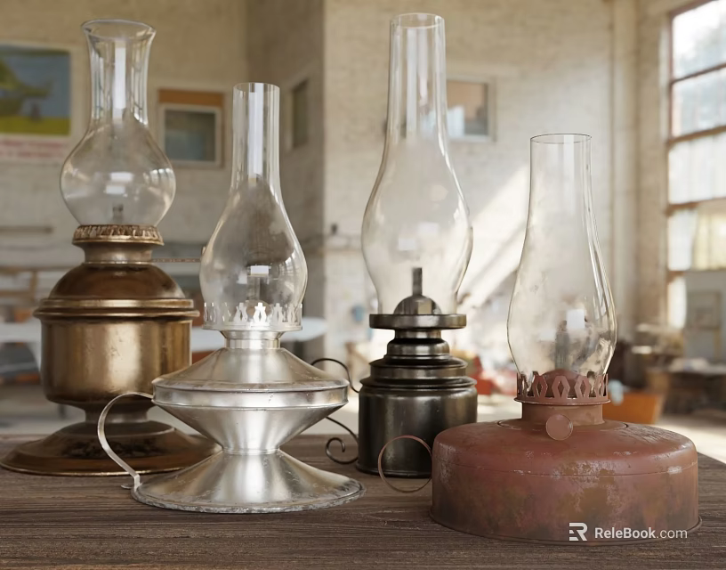 Vintage Candle Lamps With Various Designs Brass Silver Black Red Bases And Glass Shades 3d model 