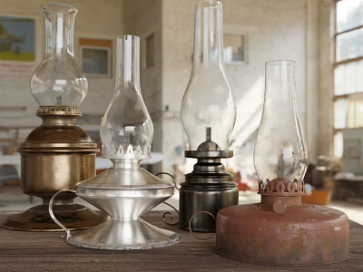 Vintage Candle Lamps With Various Designs Brass Silver Black Red Bases And Glass Shades 3d model